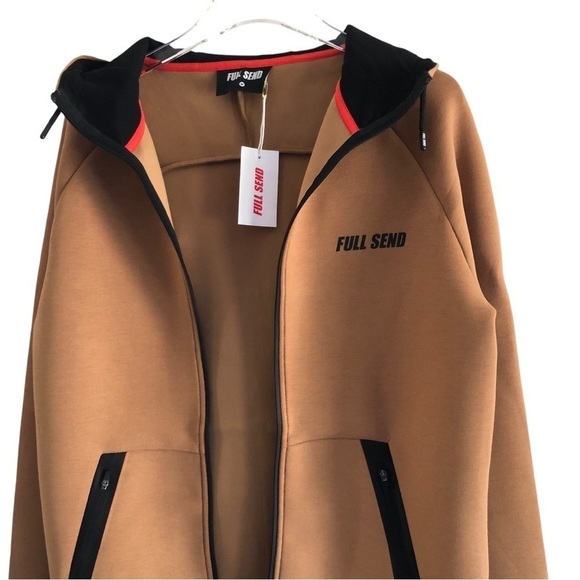 Full Send Mens Hoodie Tan Hydrophobic Streetwear Size Medium Full Zip - Picture 14 of 14